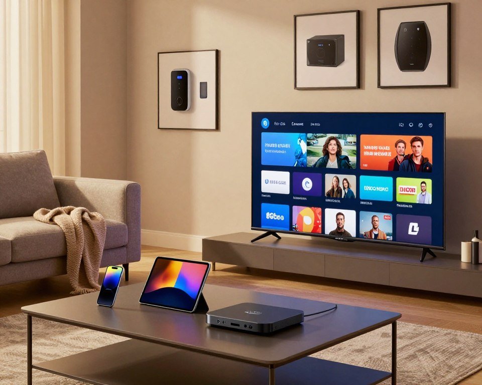 A modern living room scene showcasing a variety of compatible devices for IPTV viewing in the Netherlands. In the foreground, a sleek smart TV displays a user interface filled with popular streaming apps. On a stylish coffee table, a smartphone, tablet, and streaming device are arranged, symbolizing versatility. The middle ground features a comfortable sofa with a cozy throw. The background reveals a well-decorated wall with framed images of smart home devices, enhancing the tech-savvy atmosphere. Soft, warm lighting illuminates the space, creating an inviting ambiance. The scene is shot from a slightly elevated angle, focusing on the devices, while subtle shadows add depth, conveying a sense of modern living and technology integration.
