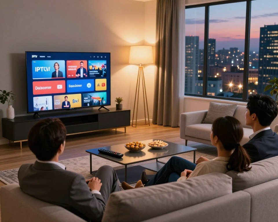 A modern living room scene showcasing the benefits of an IPTV subscription. In the foreground, a comfortable sofa with a couple of people in professional attire, relaxed and engaged in watching a large flat-screen TV that displays various streaming options, emphasizing choice and convenience. The middle ground features a sleek coffee table with snacks and a remote control, suggesting a cozy viewing experience. In the background, soft lighting emanates from stylish lamps, creating a warm ambiance, while a window reveals a vibrant cityscape at dusk outside. The overall mood is inviting and relaxed, highlighting the enjoyment and advantages of using IPTV services. The scene captures the essence of modern entertainment in a home environment.