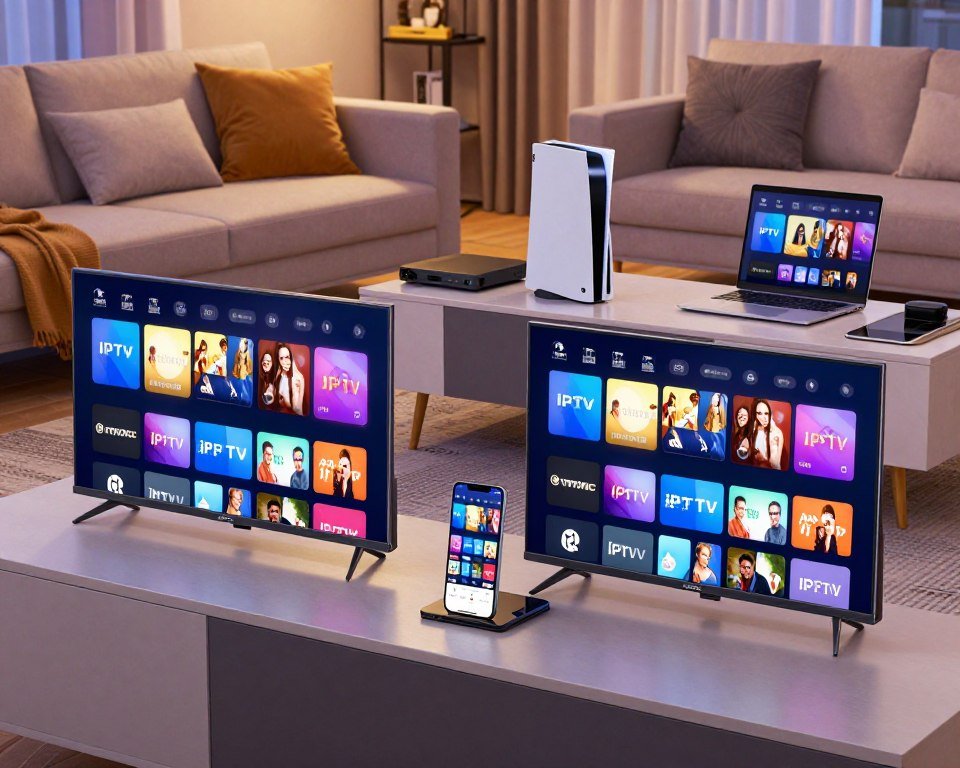 A modern living room scene showcasing the compatibility of various IPTV devices. In the foreground, a sleek smart TV with vibrant colors displaying a streaming service interface. Beside it, a tablet and a smartphone are positioned, both showing the same IPTV app interface. In the middle ground, a stylish entertainment center holds a digital media player and a gaming console. The background features a cozy couch with a laptop open, reflecting a harmonious blend of technology. Soft ambient lighting enhances the atmosphere, creating a warm and inviting setting. The camera angle is slightly elevated to capture all devices in focus, emphasizing their seamless integration in a connected home environment.