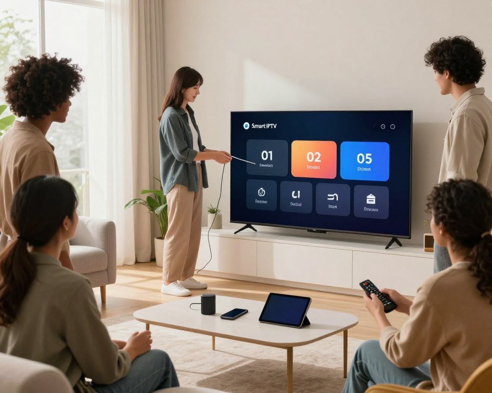 A modern living room scene showcasing the installation and activation process of a Smart IPTV subscription. In the foreground, a diverse group of three professionals, dressed in smart casual clothing, are gathered around a sleek, wall-mounted television. One person is connecting cables, while another is using a remote control, looking focused. The middle ground features an attractive, minimalist coffee table with tech gadgets like a smartphone and a tablet. In the background, soft natural light streams in through a large window, highlighting comfortable furniture and a relaxing ambiance. A hint of greenery from potted plants adds life to the setting, creating a warm and inviting atmosphere conducive to technology and innovation.