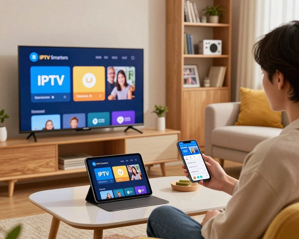A modern living room scene showcasing the installation of IPTV Smarters on various devices. In the foreground, a sleek flat-screen TV displays the IPTV Smarters interface, while a tablet rests on a coffee table featuring the same interface. A smartphone showing the app is held by a user in smart casual attire, demonstrating hands-on interaction. The middle ground shows a comfortable sofa and vibrant decor, with soft lighting enhancing the cozy atmosphere. In the background, a bookshelf filled with family photos and technology adds depth. The image captures a sense of ease and accessibility, emphasizing the convenience of IPTV Smarters across devices. The overall mood is inviting and tech-savvy, reflecting a seamless entertainment experience.