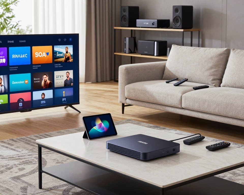 A modern living room scene showcasing various IPTV devices and hardware. In the foreground, there is a sleek, modern television displaying a vibrant interface with multiple streaming apps. Next to it, a stylish IPTV set-top box and a tablet are placed on a minimalist coffee table. In the middle ground, a comfortable sofa is positioned, with well-organized remote controls on the cushions. The background features a contemporary shelving unit filled with electronics, such as speakers and gaming consoles. Natural light filters in through a window, enhancing the inviting atmosphere. The scene is captured with a wide-angle lens, allowing viewers to appreciate the setup's functionality and aesthetics, conveying a sense of modern convenience in home entertainment.