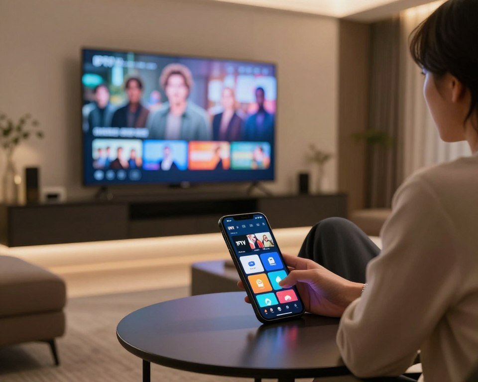 A modern living room scene with a sleek coffee table in the foreground, featuring a smartphone displaying an IPTV app interface with vibrant icons for various TV channels. The middle ground shows a person in professional attire, sitting comfortably on a stylish couch, intently navigating the app on their device. Behind them, a large wall-mounted flat-screen TV casts a soft glow, displaying a captivating scene from a favorite show, establishing a cozy ambiance. The room is well-lit by warm lighting, creating an inviting atmosphere. Use a wide-angle perspective to capture the entire setting while maintaining focus on the smartphone and app usage, highlighting the convenience of installation and use in the home.