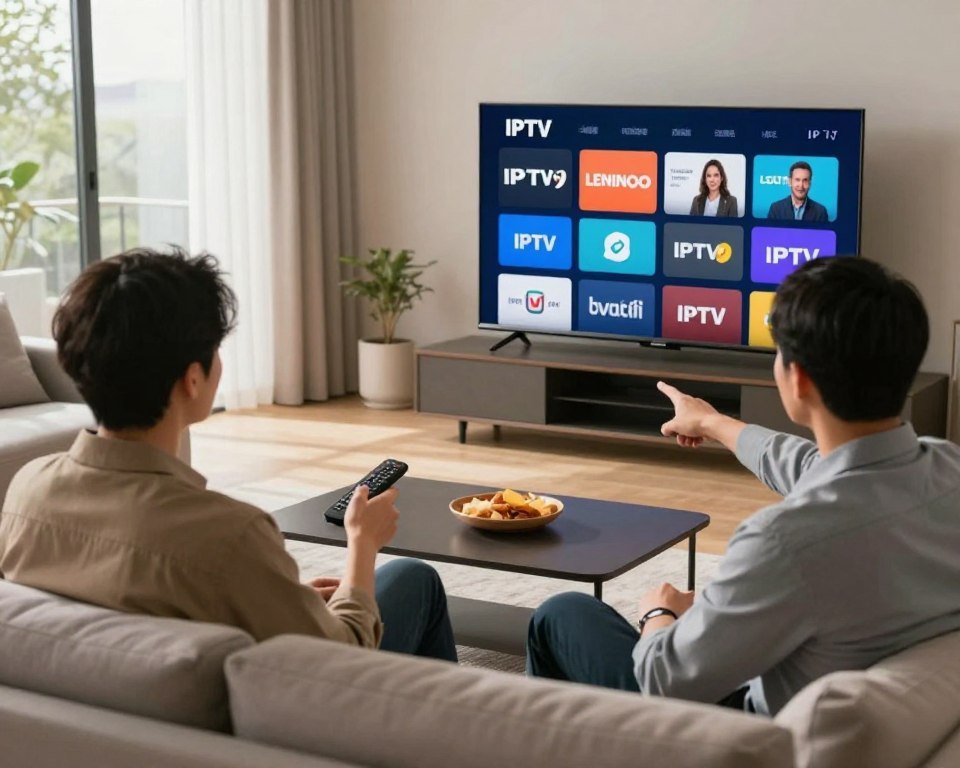 A modern living room scene with a sleek, flat-screen television displaying a variety of streaming options, symbolizing IPTV benefits. In the foreground, two professional individuals, dressed in smart casual attire, are sitting on a comfortable sofa, engaging in conversation while pointing towards the TV. The middle ground features a coffee table with a remote control and snacks, emphasizing a relaxed viewing experience. In the background, large windows allow natural light to stream in, creating a warm and inviting atmosphere. The overall mood conveys modernity and convenience, highlighting the cost-saving aspect of IPTV subscriptions compared to traditional TV. Use soft, diffused lighting to enhance the cozy feel of the room.