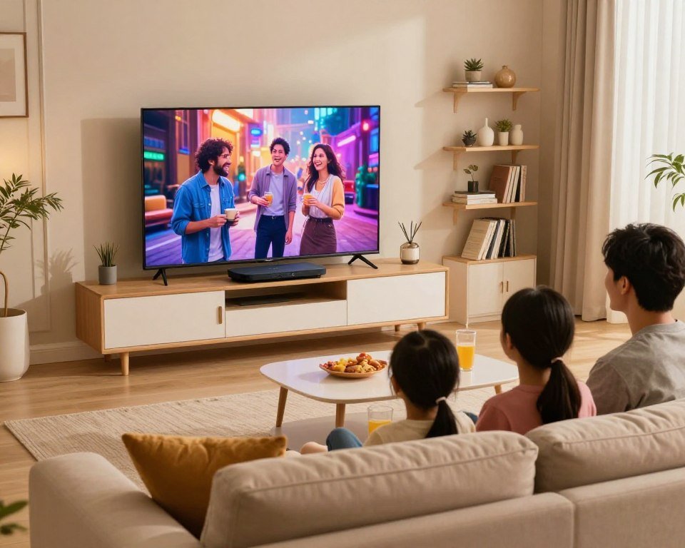 A modern living room setting bathed in soft, warm lighting, showcasing a stylish IPTV Smart Player on a sleek entertainment unit. In the foreground, a cozy sofa with plush cushions invites viewers to relax while a family is gathered, joyfully watching a vibrant scene on a large flat-screen TV. The middle ground features a coffee table adorned with snacks and drinks, enhancing the inviting atmosphere. In the background, shelves are filled with books and decorative items, adding a personal touch. The overall mood is warm and friendly, emphasizing the benefits of convenience and enjoyment of multimedia entertainment at home. The scene captures a sense of togetherness and modern technology, framed from a slightly angled perspective to create depth.