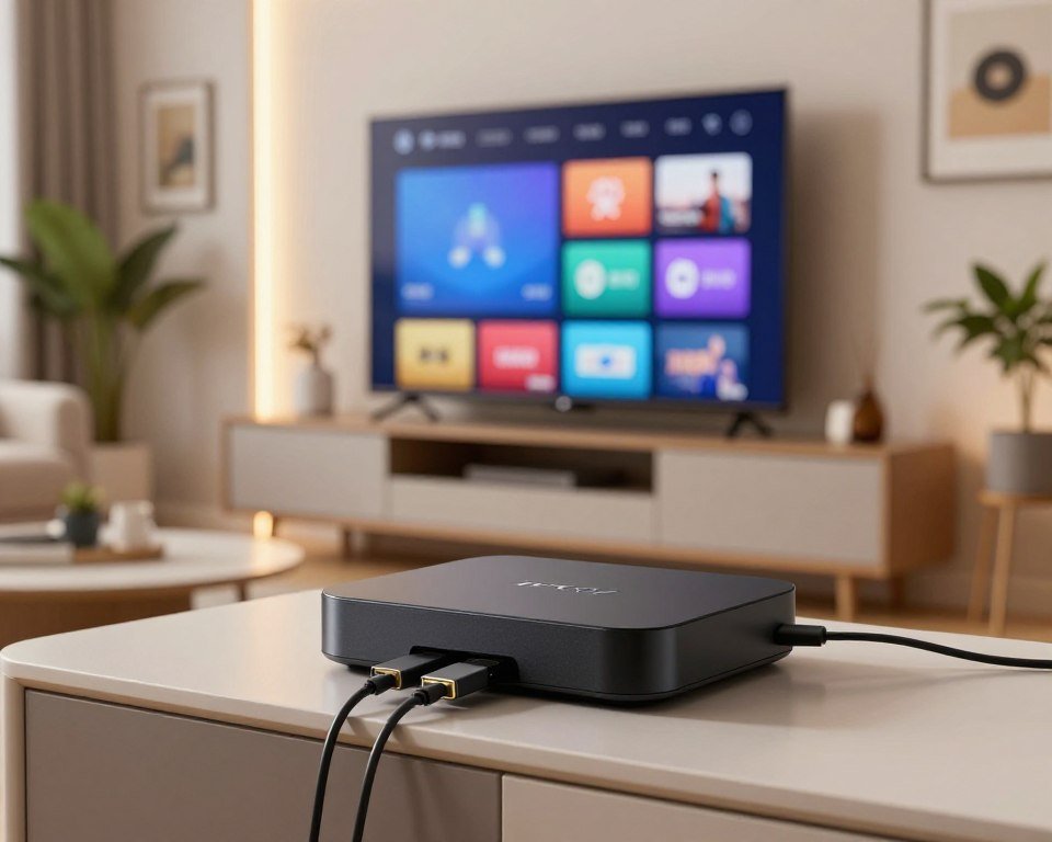 A modern living room setting, featuring a sleek Android box on a stylish entertainment unit. In the foreground, the Android box prominently displayed, with HDMI and power cables neatly organized, reflecting a high-tech look. The middle ground showcases a large flat-screen TV with various streaming app icons visible, symbolizing the IPTV experience. The background is softly lit with warm LED lights, creating an inviting atmosphere, while a comfortable sofa and contemporary decor elements like plants and artworks enhance the cozy vibe. The image is captured with a shallow depth of field, drawing focus to the Android box, and utilizes natural lighting to give a warm, homey feel.