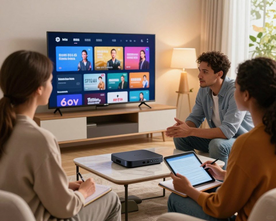 A modern living room setting featuring a sleek IPTV box on a stylish media console. In the foreground, a diverse group of three adults—two men and one woman—are gathered, attentively reviewing their experience with the device. One of the men gestures towards the box, while the woman takes notes on a tablet, showcasing an engaged discussion. The middle ground includes a large flat-screen TV displaying a vibrant streaming interface. The background is softly lit with warm tones, creating a cozy atmosphere, and a window reveals a sunny day outside. The image captures a sense of connectivity and modern technology, with a focus on collaboration and user experiences.