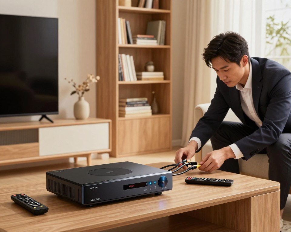 A modern living room setting featuring a sleek IPTV installation, with various devices like a digital receiver, smart TV, and remote controls prominently displayed in the foreground. In the middle ground, a professional-looking individual in business attire is attentively connecting cables and setting up the devices, focusing on seamless integration. The background includes a stylish bookshelf and contemporary decor, warm lighting creating an inviting atmosphere. Capture the scene from a slightly elevated angle to emphasize the IPTV setup and the individual’s engaging process. The overall mood is professional yet relaxed, showcasing the ease of activating IPTV services on any device.