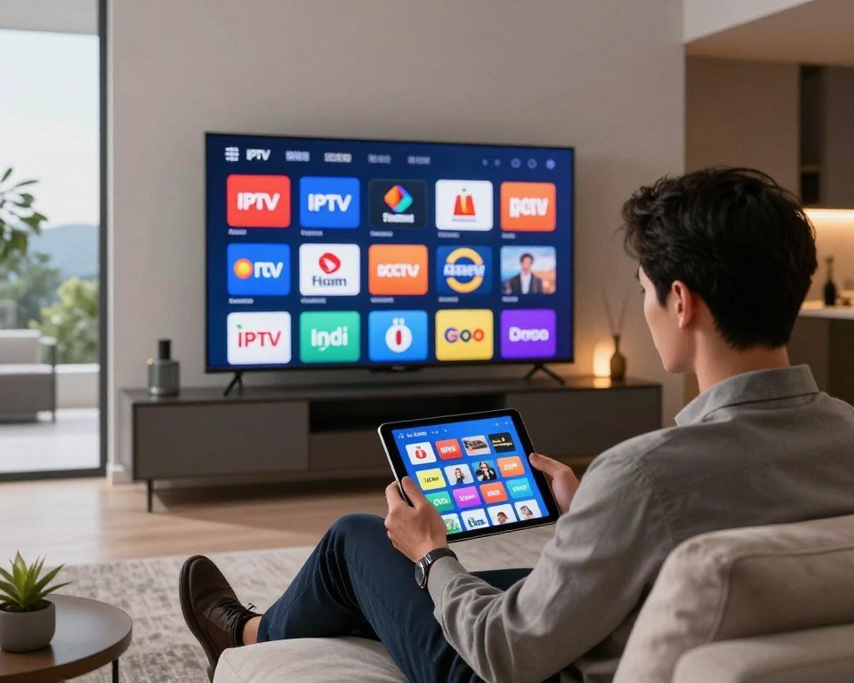 A modern living room setting, featuring a sleek flat-screen television displaying a user-friendly IPTV interface filled with various TV channels. In the foreground, a professional-looking person, dressed in smart casual attire, is sitting on a stylish couch, attentively comparing channel options on a tablet. In the middle, a colorful array of channel logos floats above the tablet, symbolizing different IPTV providers. The background features contemporary decor with soft ambient lighting, creating a cozy yet sophisticated atmosphere. A large window reveals a serene view outside, enhancing the tranquil mood. The image should be bright, inviting, and focused on the interaction between technology and entertainment.