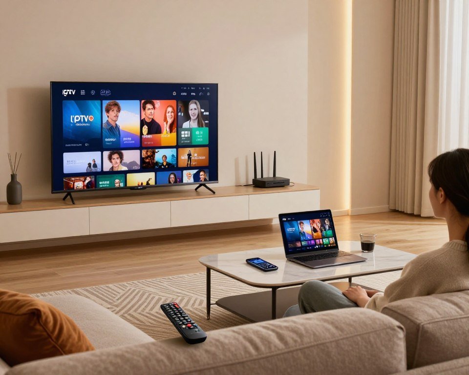 A modern living room setting, featuring a sleek, high-definition television displaying vibrant IPTV content. In the foreground, a cozy sofa with a remote control rests on a stylish rug, symbolizing comfort and accessibility. The middle layer reveals a coffee table with a laptop and a smartphone, illustrating the multiple devices compatible with IPTV technology. The background showcases a well-lit room with soft, ambient lighting, highlighting a wall with various decorative tech gadgets and a router with visible cables, emphasizing the technical requirements for optimal IPTV experiences. The atmosphere is warm and inviting, with a focus on connectivity, advanced technology, and the enjoyment of diverse content.