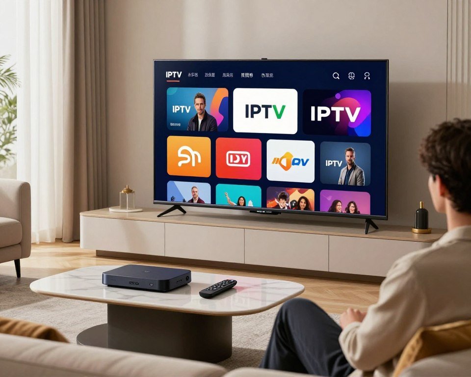 A modern living room setting featuring a sleek smart TV displaying various vibrant IPTV app icons on its screen, surrounded by an elegant coffee table with a remote and a streaming device. In the foreground, an individual in smart casual attire sits comfortably on a stylish sofa, engaged with the TV, showcasing a sense of convenience and entertainment. The middle ground highlights the IPTV apps with colorful and eye-catching designs, signifying a range of channels and options. In the background, soft natural light filters through a window, creating a warm and inviting atmosphere. The room is tastefully decorated, enhancing the focus on the IPTV experience and the advancement of streaming technology.