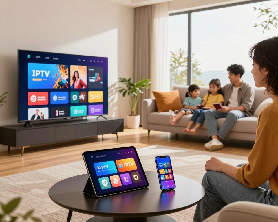 A modern living room setting filled with a variety of devices showcasing flexible content options for IPTV services. In the foreground, a stylish, sleek smart television displays a vibrant interface with multiple streaming service icons. On a coffee table, a tablet and a smartphone share the spotlight, featuring colorful IPTV app interfaces. In the middle ground, a comfortable sofa is adorned with plush pillows, while a family casually interacts, showing a diverse group of individuals in smart casual clothing, enjoying their viewing experience together. In the background, a large window allows natural light to flood the room, creating a warm and inviting atmosphere. The scene captures the essence of modern home entertainment and the appeal of IPTV flexibility, with a focus on connectivity and enjoyment.