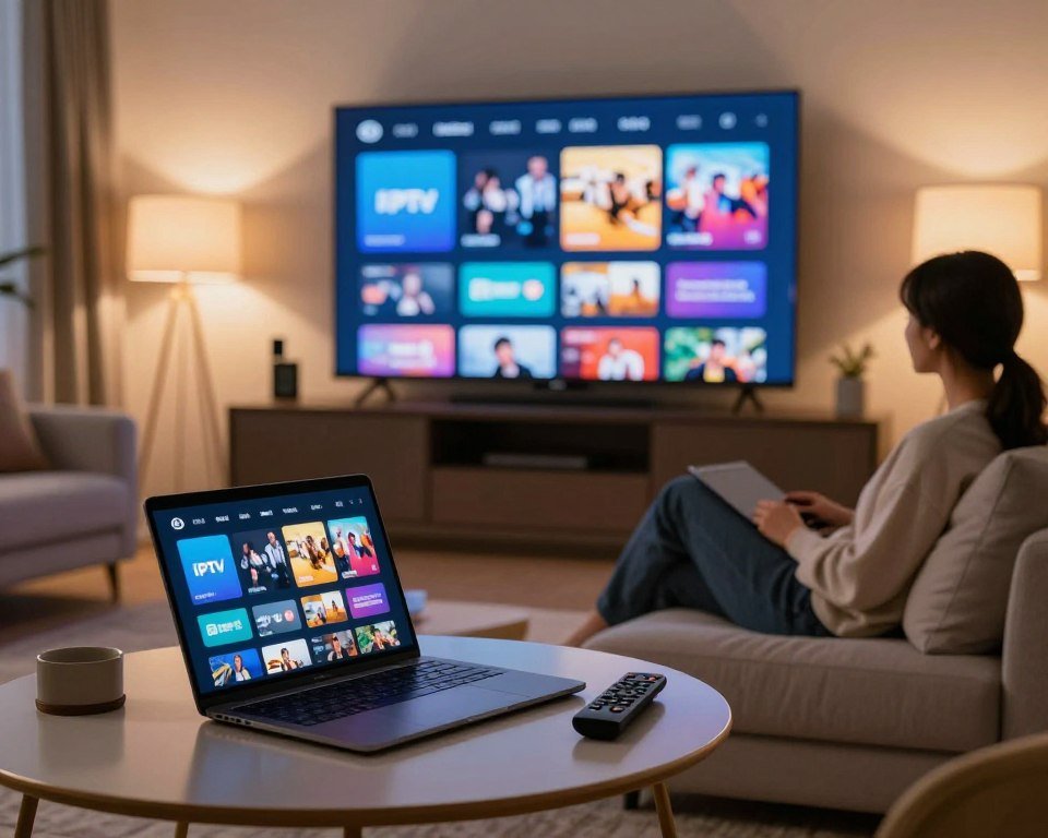 A modern living room setting showcasing a sleek digital interface displaying IPTV features. In the foreground, a stylish coffee table holds a remote control and an open laptop streaming a vibrant IPTV menu. The middle ground features a cozy sofa with a person dressed in smart casual attire, intently focused on the screen, embodying a relaxed yet tech-savvy atmosphere. Soft ambient lighting from stylish lamps casts a warm glow throughout the space, enhancing the inviting mood. In the background, a large wall-mounted TV is visible, displaying an array of colorful TV channel logos and content options. The overall scene conveys a sense of comfort and modern technology, emphasizing the key features of choosing the best IPTV subscription.