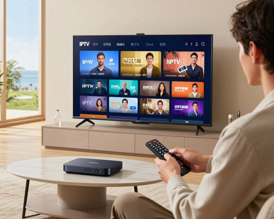 A modern living room setting showcasing a sleek, high-definition television displaying vibrant IPTV content, symbolizing image quality. In the foreground, include a professional person adjusting settings on a remote control, dressed in smart casual attire, focused and engaged. The middle ground features a stylish coffee table with the latest streaming device, emphasizing modern technology. In the background, a window reveals a sunny day, enhancing the overall brightness. Use soft, natural lighting to create a warm and inviting atmosphere. Capture the essence of stability and clarity in streaming, with a wide-angle view to highlight the sense of immersion in IPTV services, evoking a feeling of comfort and high-tech innovation.