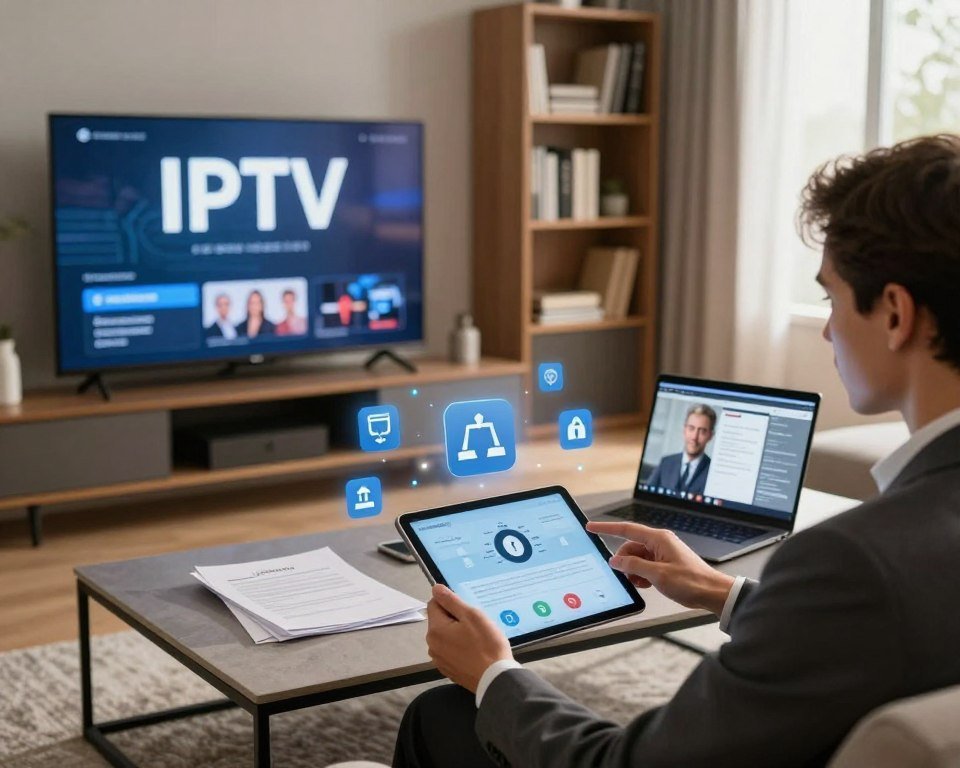 A modern living room setting showcasing a sleek television displaying digital content. In the foreground, a professional-looking person in business attire is analyzing a tablet, with icons representing legal and security aspects of IPTV floating around. The middle ground features a stylish coffee table with legal documents and a laptop open to a video conferencing app. In the background, a cozy bookshelf filled with tech books and a window letting in warm, natural light. The lighting is soft and inviting, creating a mood of security and professionalism. The angle is slightly elevated, capturing both the subject and the ambiance of a secure, compliant home environment ideal for IPTV usage.