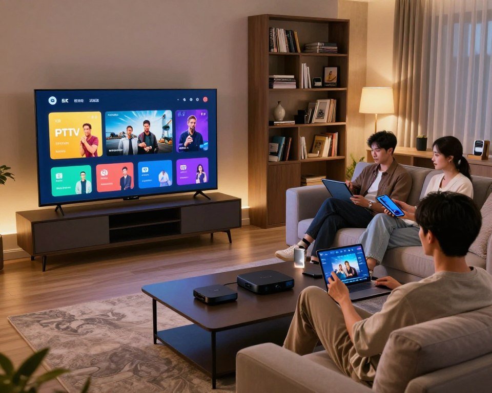 A modern living room setting showcasing innovative IPTV features. In the foreground, a sleek smart TV displays an interactive interface with vibrant icons representing various streaming options. Soft ambient lighting bathes the room, creating a cozy and inviting atmosphere. In the middle ground, a stylish sofa set with professional individuals dressed in smart casual attire engage with tablets and smartphones, discussing content options. A coffee table holds a few streaming devices and a laptop, emphasizing technology integration. The background features a contemporary bookshelf filled with entertainment-related items and a wall-mounted media console. The overall mood is dynamic and engaging, reflecting the excitement of smart IPTV functionalities in everyday life.