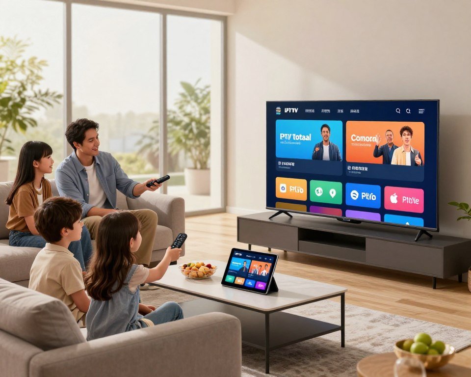A modern living room setting showcasing the benefits of IPTV Totaal. In the foreground, a sleek, stylish TV displaying vibrant streaming content, surrounded by a cozy sofa and minimalist decor. To the left, a family of four, dressed in professional yet comfortable clothing, enjoying their time together while interacting with a smart remote. In the middle ground, a contemporary coffee table with snacks, a tablet showing a user-friendly interface, and various streaming icons visually represented. The background features a large window letting in warm, natural light, creating an inviting atmosphere. The overall mood is cheerful and engaging, emphasizing connectivity and family entertainment without any clutter or distractions. Soft focus on the windows, with a slight vignette to draw attention to the central action.