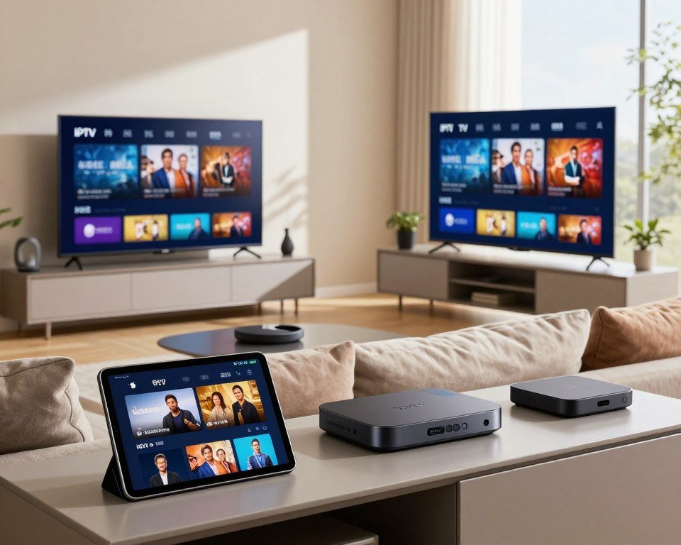 A modern living room setting showcasing various IPTV devices, such as a sleek Smart TV, a streaming box, and a tablet, all displayed prominently on a stylish media console. The foreground features a close-up of the tablet streaming content, while the Smart TV displays an IPTV interface. In the middle, a cozy sofa with plush cushions invites viewers into the scene. The background reveals a bright, airy window with natural sunlight pouring in, creating a warm and inviting atmosphere. Soft shadows play across the room, emphasizing the contemporary design. Capture the essence of connectivity and compatibility among modern technology in a vibrant and engaging composition. The mood should be professional yet relaxed, reflecting a space perfect for enjoying IPTV services.