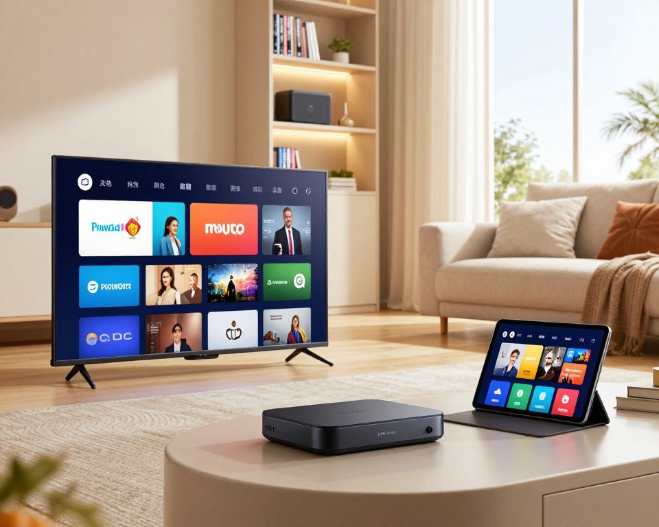 A modern living room setting showcasing various streaming devices for IPTV services. In the foreground, a sleek smart TV displays a vibrant user interface with a colorful selection of streaming apps. Next to it, a cutting-edge streaming box and a tablet with a streaming app open. In the middle ground, a comfortable sofa is adorned with plush cushions, suggesting a cozy viewing experience. The background features a softly illuminated bookshelf with DVDs and tech gadgets. Bright, natural light filters through a large window, casting warm highlights across the room, creating an inviting atmosphere for family entertainment. The composition should evoke a sense of modernity and comfort, emphasizing the importance of device variety and streaming quality in a home environment.