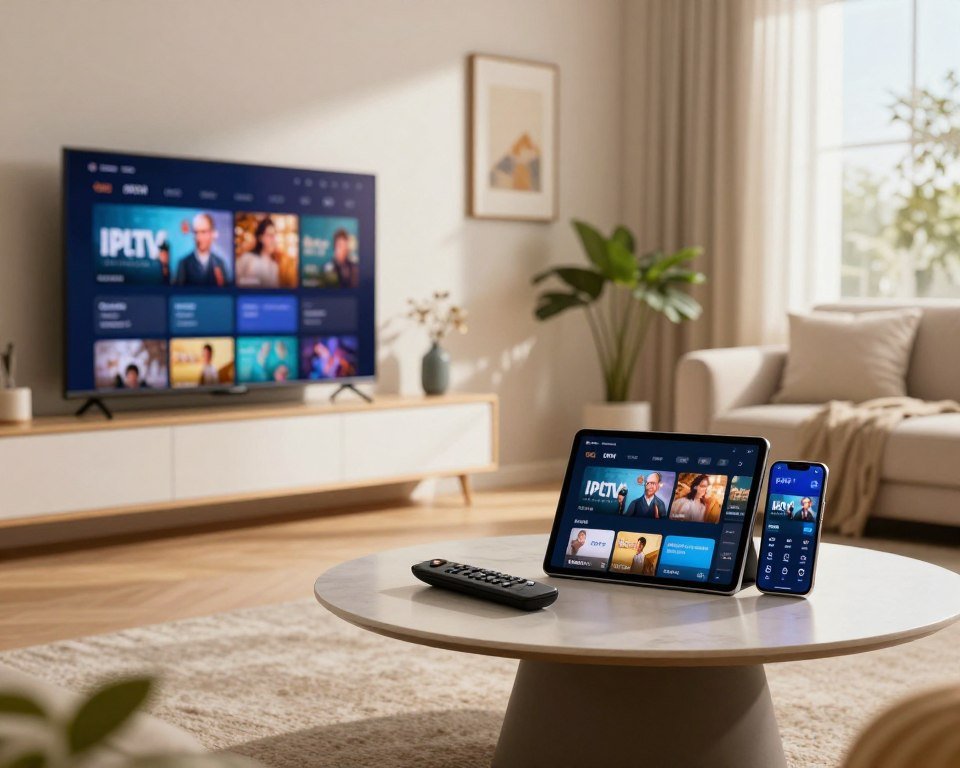 A modern living room setting showcasing various television devices displayed across multiple surfaces. In the foreground, a sleek smart TV mounted on the wall, with a remote control elegantly placed nearby. In the middle ground, a tablet and smartphone resting on a stylish coffee table, both showing IPTV interface graphics. The background features a cozy couch and decorative elements like plants and framed art. Soft, natural sunlight streams in through a window, creating a warm atmosphere. The focus is sharp on the devices to enhance details, while the background is lightly blurred to give a sense of depth. The overall mood exudes comfort and technological sophistication, highlighting availability across devices in a contemporary home environment.