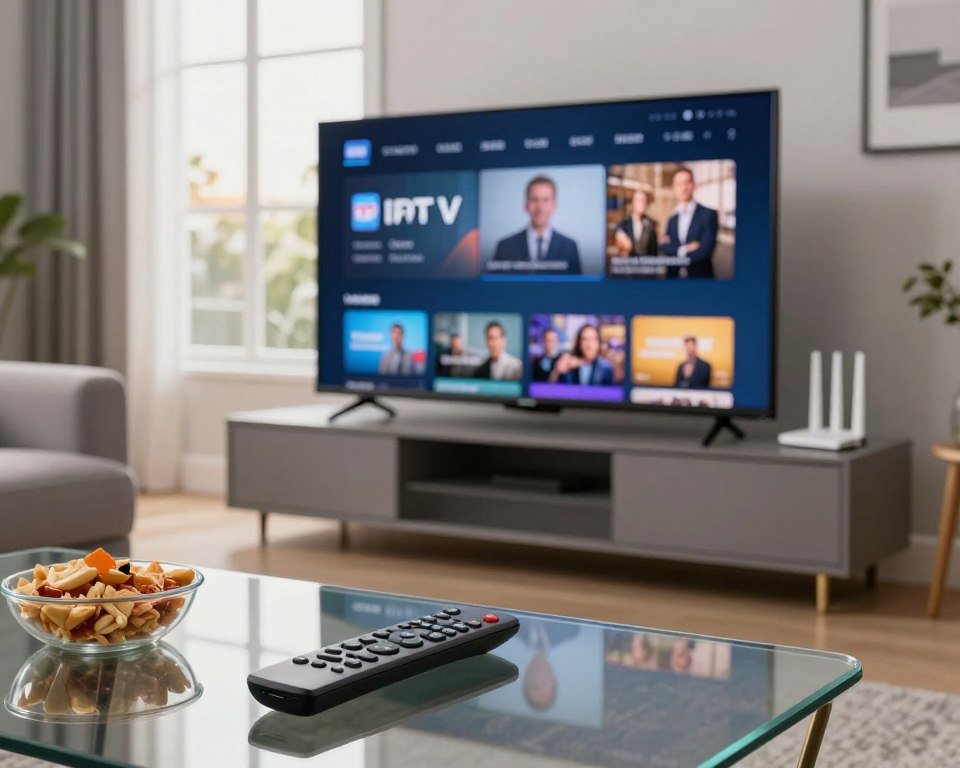 A modern living room setup centered around a large flat-screen TV displaying an IPTV interface. In the foreground, a sleek remote control rests on a glass coffee table. The middle ground features a comfortable couch and an elegant side table with snacks. In the background, large windows let in warm, natural light, creating a cozy atmosphere. A calming color palette of soft greys and blues enhances the inviting mood. The scene captures the concept of IPTV working through an internet connection, with visual elements such as a Wi-Fi router subtly placed. The focus is on the engaging entertainment experience, blending technology and comfort.