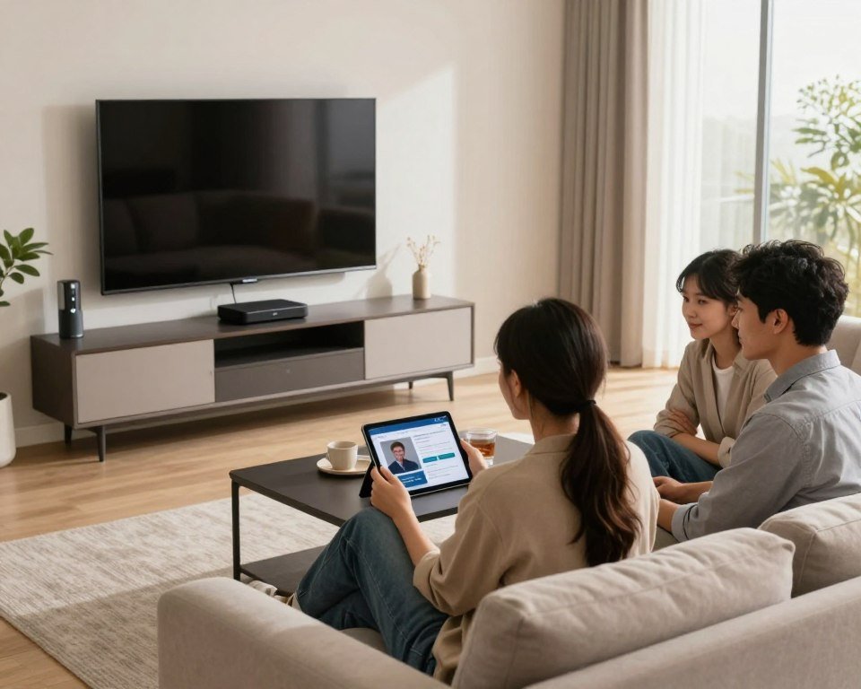 A modern living room setup featuring a sleek flat-screen television mounted on the wall, with an IPTV setup box placed elegantly on a stylish media console. In the foreground, a diverse group of three novices, a male and two females, are attentively observing a user-friendly installation guide displayed on a tablet. They are dressed in casual, professional clothing, conveying focus and learning. In the middle ground, a cozy sofa and contemporary decor create an inviting atmosphere. The background reveals soft, diffused daylight filtering through a large window, enhancing the scene's warmth. The overall mood is one of excitement and discovery, reflecting the theme of embarking on a new television viewing experience.