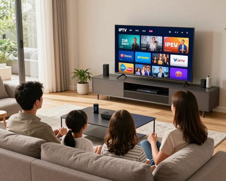 A modern living room setup featuring a sleek, large flat-screen TV displaying vibrant IPTV channels. In the foreground, a comfortably dressed family of four - a father, mother, and two children - are sitting together on a cozy sofa, engrossed in their favorite shows, showcasing a sense of togetherness and enjoyment. The middle ground displays a stylish entertainment center with various media gadgets, emphasizing high-tech IPTV services. In the background, large windows let in warm, natural light, creating a bright and welcoming atmosphere. The overall mood is relaxed and inviting, capturing the essence of dependable IPTV quality and accessibility in a contemporary Dutch home. The scene is shot from a slightly elevated angle to highlight the engaged family in their comfortable environment.