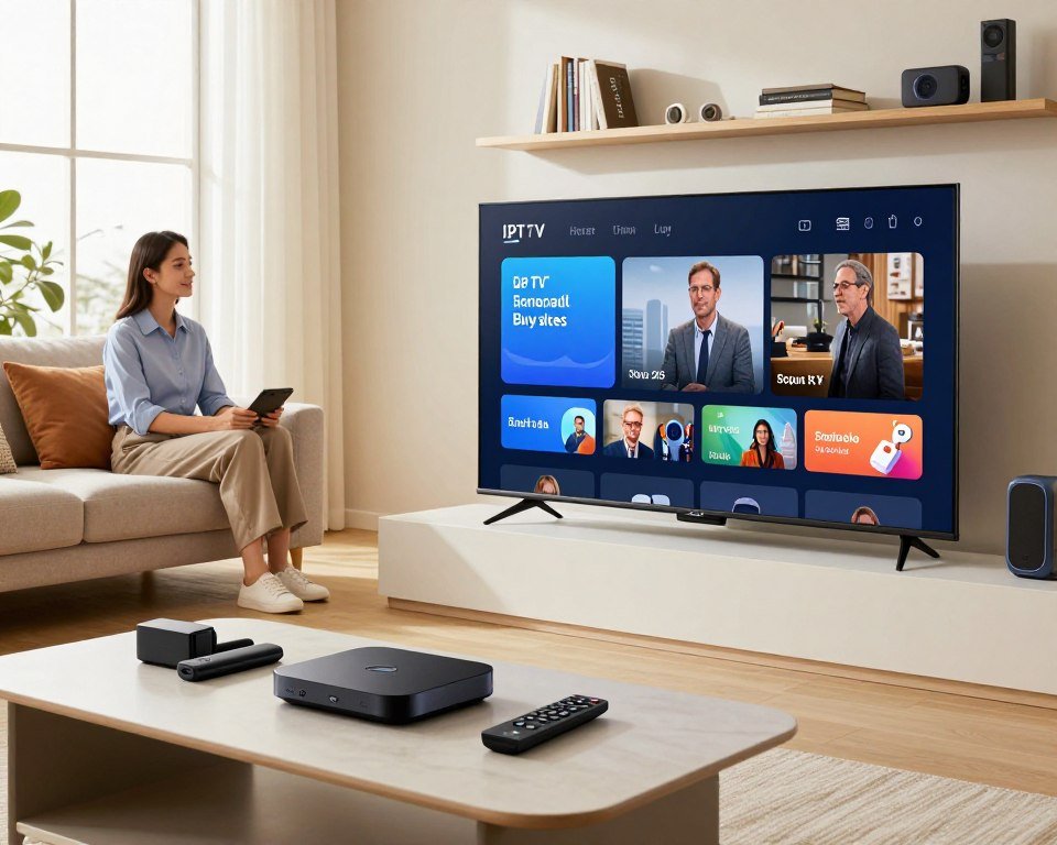 A modern living room setup showcasing a large, sleek flat-screen TV streaming IPTV content. In the foreground, a stylish coffee table holds various tech devices like a streaming box and remote controls. The middle layer features a comfortable sofa with pillows, where a professional in casual business attire is sitting, focused on the TV. In the background, a wall-mounted shelf displays books and tech gadgets in a bright, inviting space. Soft, natural lighting streams in through large windows, creating a warm and engaging atmosphere. The overall mood conveys advanced technology and relaxation, emphasizing the technical requirements for an optimal IPTV experience in a home setting.