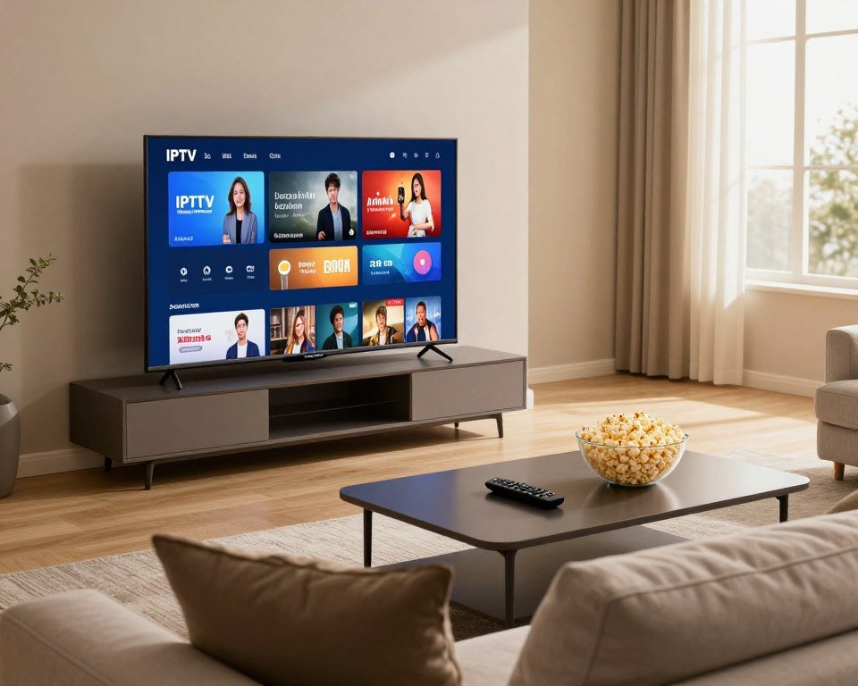 A modern living room setup showcasing a television streaming IPTV through the internet. In the foreground, a sleek smart TV displays a vibrant interface, featuring various channels and content options. To the side, a comfortable couch with neatly arranged pillows invites viewers to sit and enjoy. The middle ground features a stylish coffee table adorned with a remote control and a bowl of popcorn, symbolizing a cozy movie night. The background reveals a window with natural light streaming in, enhancing a warm atmosphere. Use soft, ambient lighting that creates a relaxed vibe, and capture the scene from a slightly elevated angle to showcase the overall room while focusing on the IPTV functionality. Aim for a polished and inviting feel, reflecting the convenience and enjoyment of streaming IPTV services.