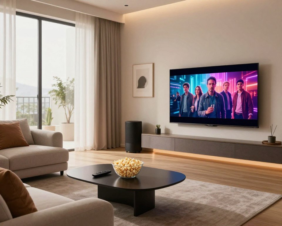 A modern living room setup showcasing optimal streaming experience. In the foreground, there’s a sleek, high-resolution flat-screen TV mounted on the wall, displaying a vibrant scene from a popular movie. A stylish coffee table holds a remote and a bowl of popcorn. Moving to the middle, a comfortable sofa with plush cushions is arranged in a cozy manner, and a smart speaker is positioned nearby. In the background, soft, ambient lighting casts a warm glow, creating a relaxed atmosphere. Large windows let in natural light, framed by soft curtains. The room is decorated with minimalistic art, evoking a sense of tranquility and enjoyment in streaming. The composition is captured from a slight angle, emphasizing the inviting space while maintaining clarity in all elements.
