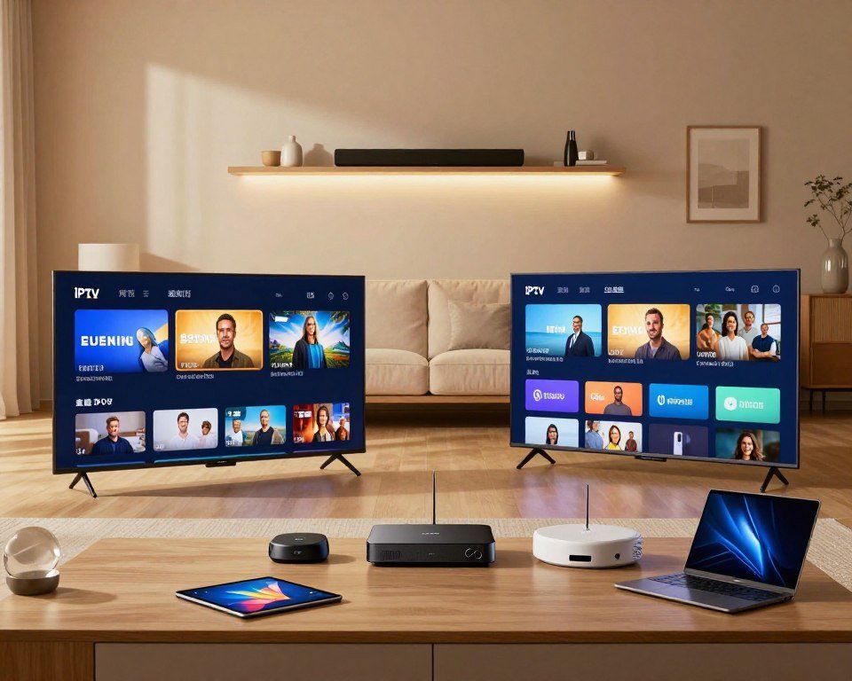 A modern living room setup showcasing the compatibility of IPTV devices across various platforms. In the foreground, a sleek smart TV displaying an IPTV interface, flanked by a streaming device, a game console, and a laptop. The middle layer features a comfortable sofa with a tablet lying on it, illustrating versatility in device usage. A wall-mounted shelf in the background displays a soundbar and decorative items, enhancing the ambiance. Soft, warm lighting casts a cozy glow throughout the scene, while a wide-angle view captures the entire room, emphasizing an inviting atmosphere for entertainment. The overall mood is professional and contemporary, reflecting a technologically advanced environment suitable for diverse IPTV installations.