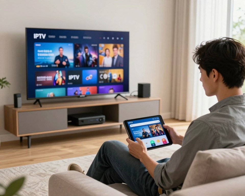 A modern living room setup with a sleek, flat-screen TV displaying vibrant IPTV content on the wall. In the foreground, a professional-looking individual, dressed in smart casual attire, is sitting on a comfortable sofa, focused on their tablet while configuring the IPTV service. The middle ground features a stylish entertainment center with a variety of streaming devices and neatly organized cables, promoting a sense of tech-savviness. The background includes a bright window with natural light pouring in, creating an inviting atmosphere. The overall mood is relaxed and efficient, emphasizing the ease of installation and activation of the IPTV service, captured with soft, warm lighting and a shallow depth of field to highlight the main subject.
