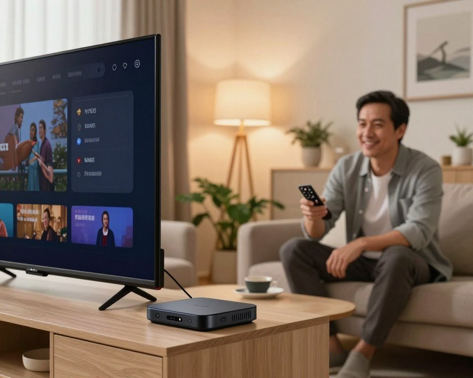A modern living room showcasing a straightforward and user-friendly IPTV installation. In the foreground, a sleek television stands prominently, connected to a compact, unobtrusive IPTV box on a stylish media console. The middle area features a user, a middle-aged man in smart casual attire, effortlessly interacting with a remote control, smiling as he navigates the intuitive interface. The background presents a cozy atmosphere with soft, warm lighting from a nearby lamp, and decorative elements like house plants and artwork on the walls, enhancing the inviting mood. Use a professional lens effect, with a slight depth of field to emphasize the interaction with the device, creating a sense of comfort and ease in technology usage.