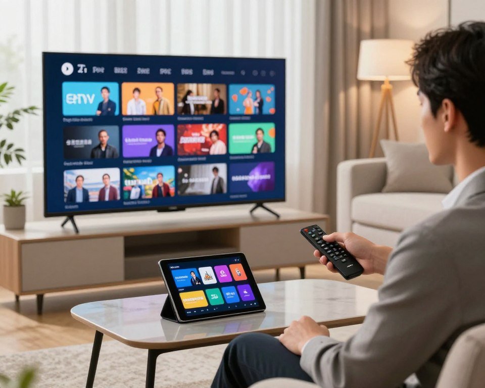 A modern living room showcasing a user experience with IPTV functionalities. In the foreground, a sleek, contemporary television displaying an electronic program guide (EPG) with vibrant thumbnails of channels and content. A user, dressed in professional business attire, is interacting with a remote control, looking intrigued. In the middle ground, a stylish coffee table holds a tablet with streaming apps open, reflecting the convergence of technology and entertainment. The background features a cozy sofa and ambient lighting, creating an inviting and relaxed atmosphere. The scene has bright, natural lighting filtering through large windows, emphasizing a warm and engaging mood, suggesting an enjoyable viewing experience.