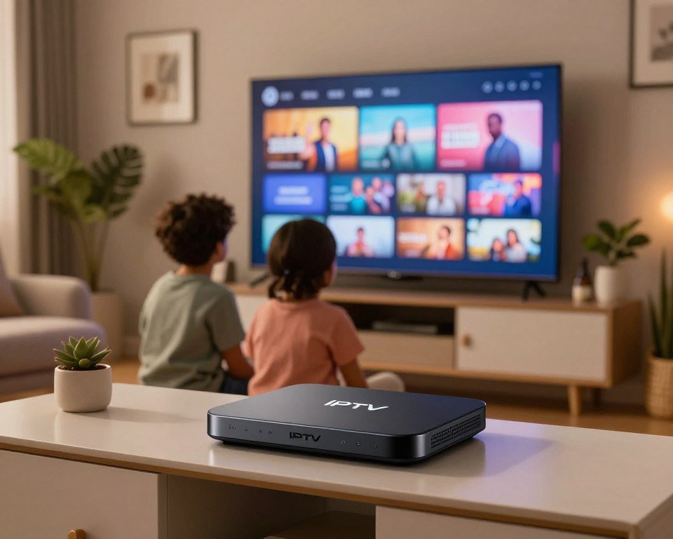 A modern living room showcasing the benefits of an IPTV box. In the foreground, a sleek IPTV box sits on an elegant media console, emitting a soft glow from its LED lights. The middle ground features a large flat-screen TV displaying colorful streaming content, with family members (in casual clothing) engrossed in watching together. The background reveals a cozy interior with stylish decor, plants, and warm lighting that highlights a welcoming atmosphere. Use soft, ambient light to create a relaxed mood, capturing the essence of family entertainment. The scene should convey the comfort and convenience of unlimited viewing options offered by an IPTV box.