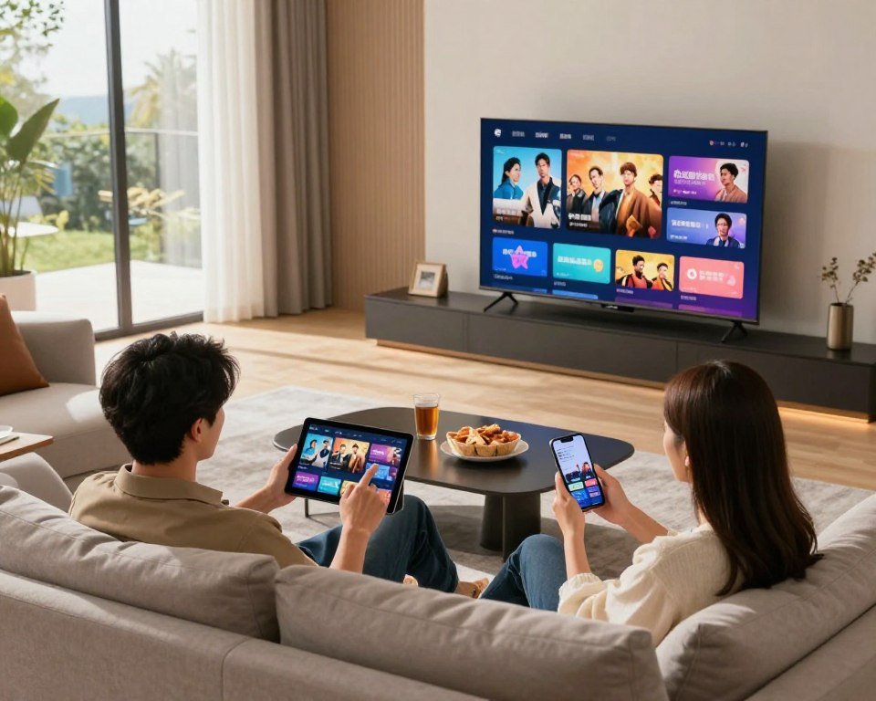 A modern living room showcasing the flexibility of watching IPTV. In the foreground, a comfortable, sleek couch with a couple of people dressed in smart casual attire engaging with a tablet and a smartphone, displaying various streaming options. In the middle ground, a stylish television mounted on the wall, reflecting a vibrant display of popular shows and channels, with a cozy coffee table adorned with snacks and drinks nearby. In the background, large windows with soft natural light streaming in, revealing a serene outdoor view, enhancing the relaxed atmosphere. The mood is inviting and contemporary, with warm lighting emphasizing the comfort of home entertainment. The scene conveys the advantage of diverse viewing options in a flexible and enjoyable setting.