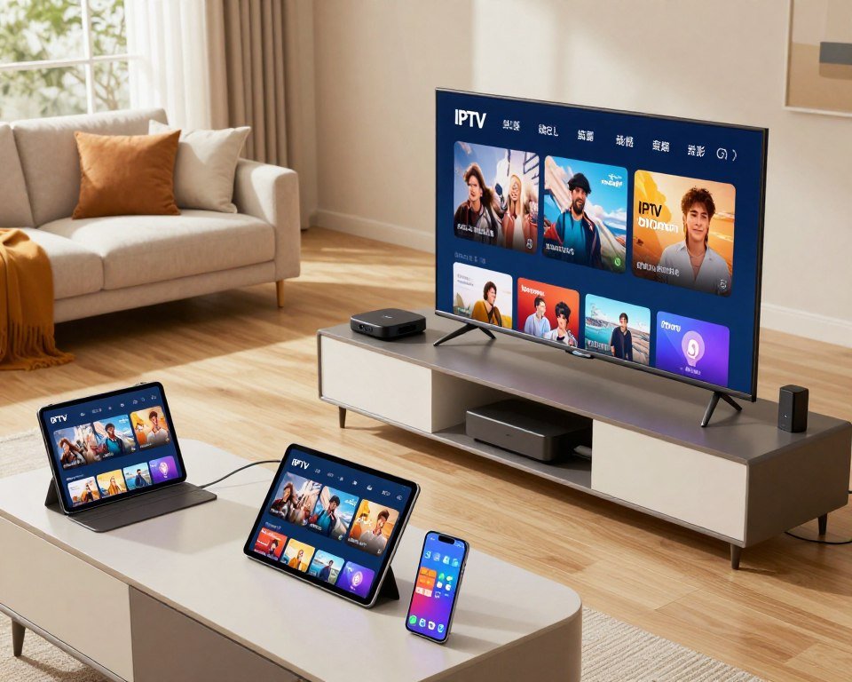 A modern living room showcasing the installation of IPTV on various devices. In the foreground, a sleek smart TV displays a vibrant IPTV interface, surrounded by a tablet and a smartphone, both showing different streaming options. The middle ground features a stylish media console with a streaming box and cables neatly arranged, illustrating a well-organized setup. In the background, a cozy couch with a few decorative pillows adds depth, while large windows let in soft, natural light, creating a warm and inviting atmosphere. The scene captures a sense of convenience and modern technology, emphasizing compatibility across multiple devices. Use a slightly elevated angle to showcase all items clearly, with a focus on vivid colors and sharp details, reflecting a tech-savvy lifestyle.
