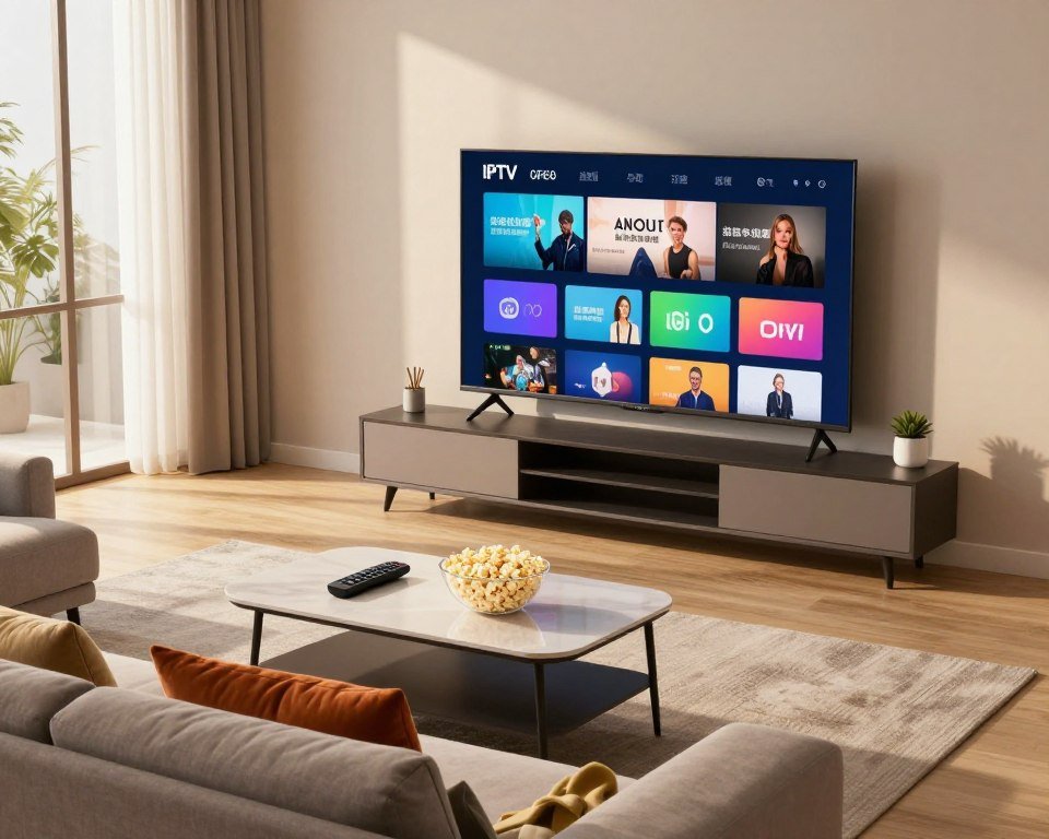 A modern living room showcasing various IPTV services, featuring a sleek, flat-screen television mounted on the wall displaying a vibrant digital interface with icons for streaming services. In the foreground, a comfortable couch with colorful cushions invites viewers to relax. The middle layer includes a stylish coffee table with a remote control and a bowl of popcorn, enhancing the home entertainment vibe. The background reveals a large window with warm sunlight streaming in, creating a cozy ambiance. Soft shadows play across the room, highlighting the modern decor. The mood is inviting and contemporary, evoking the future of television viewing. The image should be well-lit, with a focus on clarity and detail, captured from a slightly elevated angle to provide depth.