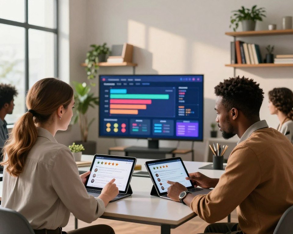 A modern, minimalist office environment showcasing diverse individuals of various ethnicities engaged in a discussion about customer experiences with IPTV services. In the foreground, a professional Caucasian woman and a Black man seated at a sleek table, both wearing smart casual attire, actively reviewing tablets filled with rating stars and customer feedback charts. The middle ground features a large screen displaying graphs and visual data related to customer ratings, with vibrant colors enhancing the visual appeal. The background is adorned with shelves of books and plants, creating a warm and inviting atmosphere. Soft, natural lighting filters through large windows, casting gentle shadows and contributing to a productive and collaborative mood, shot at a 45-degree angle to capture all elements harmoniously.