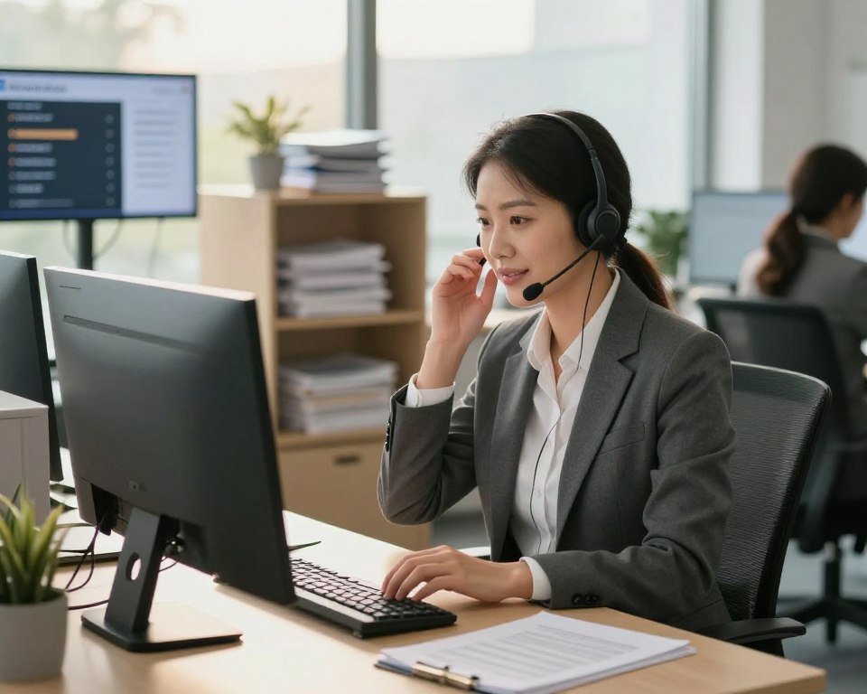 A modern office environment focused on customer support, featuring a professional customer service representative in business attire, engaged in assisting clients on a headset. In the foreground, the representative sits at a sleek desk with a computer displaying a help desk interface. In the middle ground, soft-focus elements include shelves with organized documents and a digital display showcasing contact information. The background features a bright, airy ambiance with large windows allowing natural sunlight to filter in, creating a welcoming atmosphere. Use a warm color palette to evoke a sense of friendliness and professionalism, captured from a slightly elevated angle for a comprehensive view of the setting.