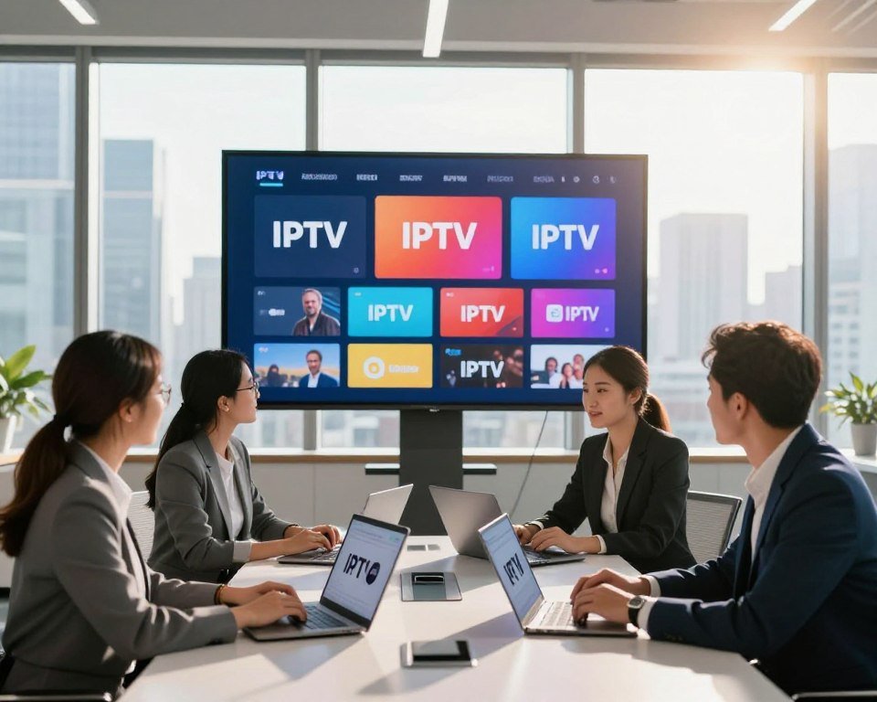 A modern office setting showcasing a professional team integrated with various IPTV providers. In the foreground, a diverse group of four business professionals, dressed in smart casual attire, gather around a sleek conference table with laptops open, displaying IPTV provider logos. In the middle, a large digital display wall showcases vibrant IPTV streaming options with colorful graphics and channel icons, symbolizing integration. The background features large windows with a cityscape, allowing natural light to illuminate the room, creating a bright and dynamic atmosphere. A lens flare effect from the sunlight enhances the mood, evoking innovation and collaboration in the field of digital media.
