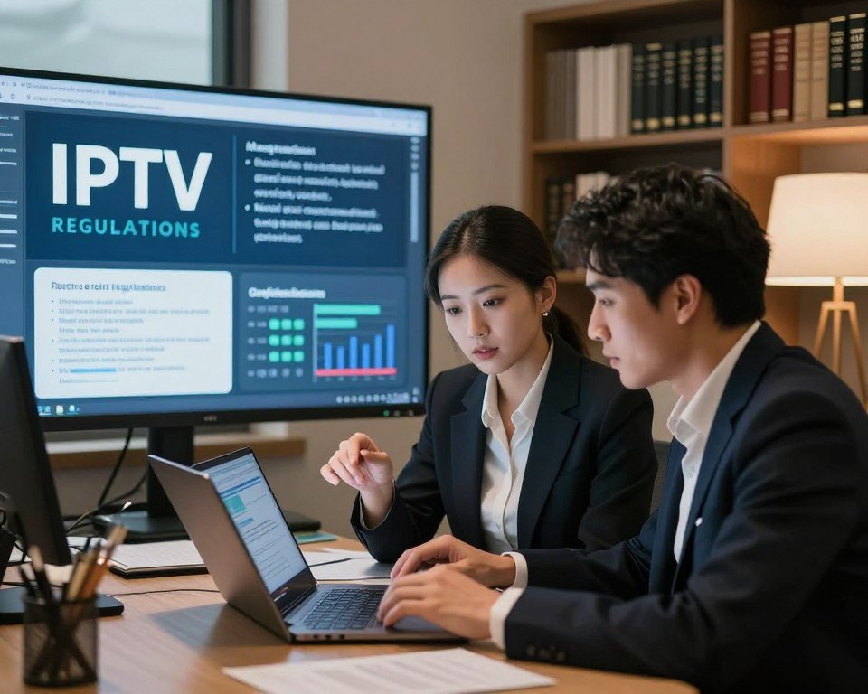 A modern office setting showcasing the concept of professional advice and expertise in the digital age. In the foreground, there are two professionals—one male and one female—dressed in smart business attire, discussing and analyzing data on a sleek laptop. The middle ground features a large screen displaying visualizations related to IPTV regulations and compliance tips. In the background, a bookshelf filled with legal and technical books about internet and media law adds depth. The lighting is warm and inviting, emphasizing a collaborative atmosphere, with a slight soft focus on the background. The angle is from a slightly elevated perspective, giving a comprehensive view of the workspace. The overall mood reflects professionalism and expertise, suitable for a modern business environment.