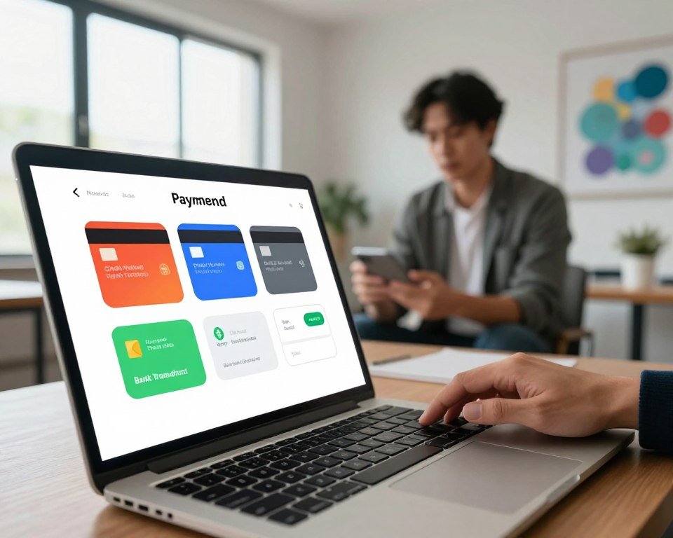 A modern online payment process concept in a sleek digital environment. The foreground features a close-up of a laptop screen displaying various payment options like credit cards, digital wallets, and bank transfers, all designed in vibrant colors. In the middle ground, a business professional in smart casual attire is reviewing the payment methods, focused and engaged. The background showcases a minimalistic workspace with soft ambient lighting, large windows letting in daylight, and abstract tech-themed artwork. The atmosphere is professional yet inviting, capturing the essence of effortless online shopping. The angle is slightly above the laptop, inviting viewers into the digital experience while enhancing clarity and detail in the payment methods displayed.