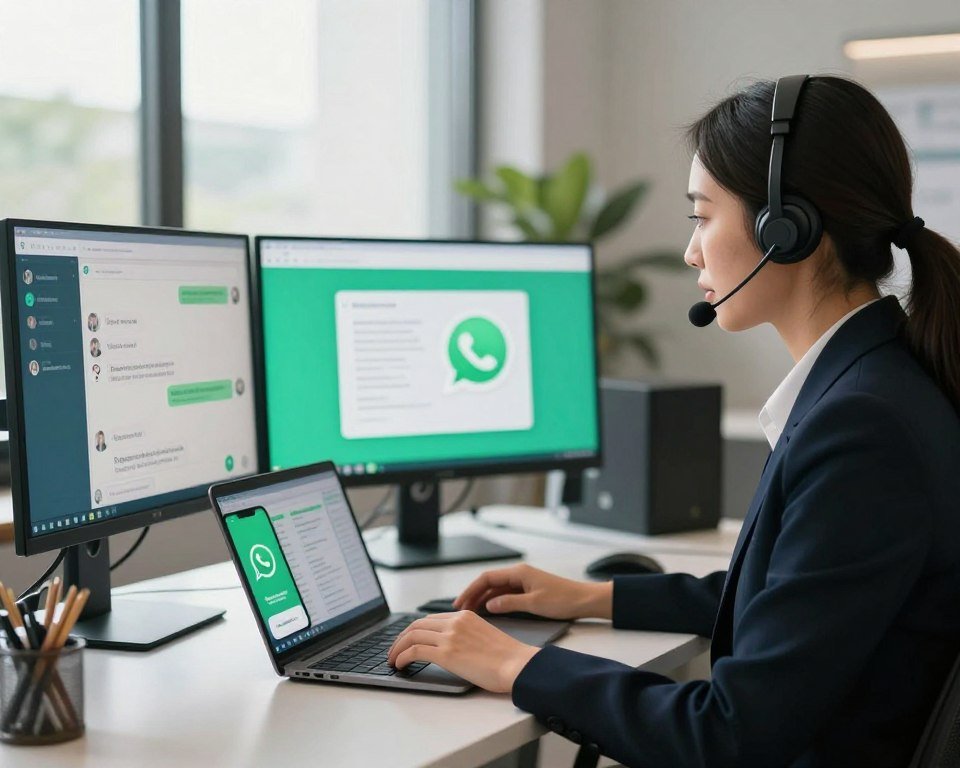 A modern, professional customer service scene highlighting support via WhatsApp. In the foreground, an attentive customer service representative, dressed in smart business attire, is seated at a sleek desk, surrounded by multiple screens with vibrant visuals of chat conversations and the WhatsApp logo. The middle ground shows an organized workspace featuring a laptop and a smartphone displaying the WhatsApp interface. In the background, large windows let in soft, natural light that creates a warm and inviting atmosphere. The overall mood is one of efficiency and readiness, showcasing a supportive and helpful environment for customer interactions. Soft focus on the background adds depth and keeps attention on the representative and their tools for communication.