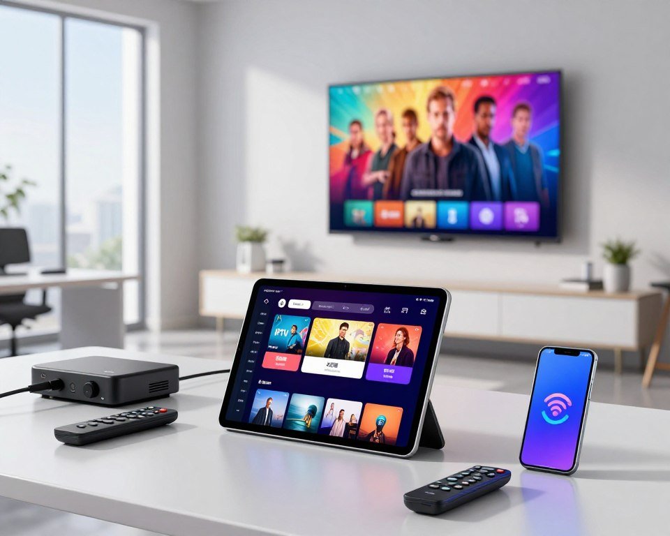 A modern, professional workspace featuring various technical devices for IPTV solutions. In the foreground, showcase a sleek tablet displaying a vibrant IPTV app interface, surrounded by remote controls, cables, and a smartphone with streaming icons. In the middle ground, include a vibrant flat-screen TV mounted on a wall, displaying stunning visuals from a popular series. The background features a minimalistic, well-lit office environment with a large window allowing natural light to flood in, casting soft shadows. Emphasize a clean and organized look, conveying a sense of advanced technology and seamless entertainment. The overall mood should feel innovative and inviting, suitable for a tech-savvy audience exploring IPTV options.