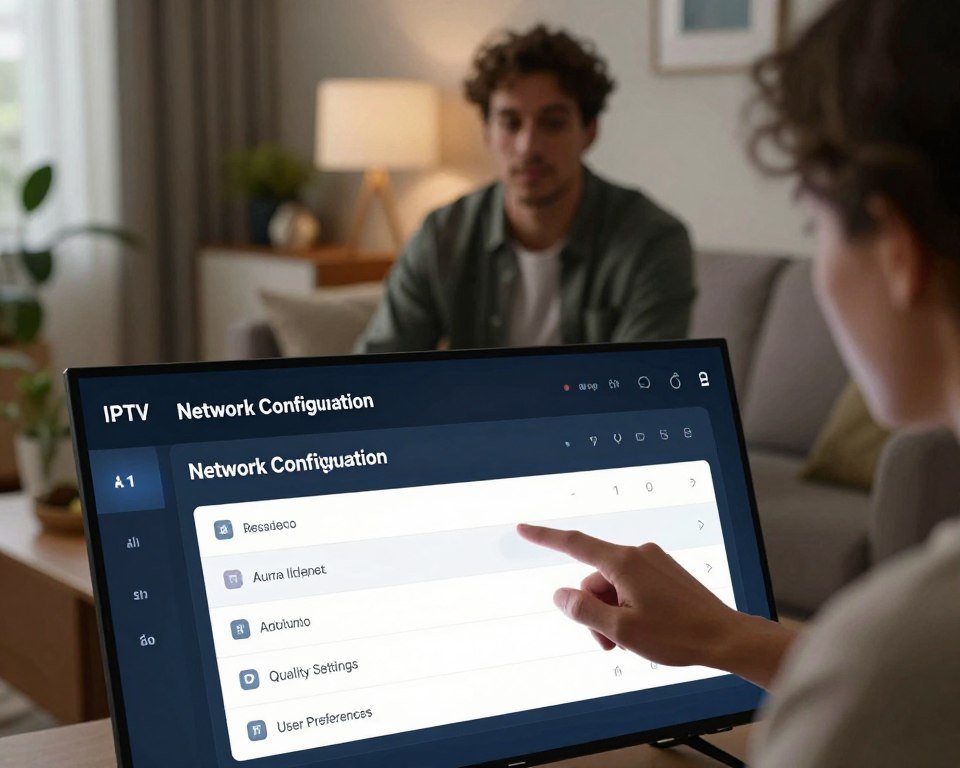 A modern, sleek digital interface showcasing IPTV configuration settings on a high-resolution screen. In the foreground, a close-up view of a user-friendly settings menu, displaying options like "Network Configuration," "Quality Settings," and "User Preferences." The middle layer features a professional-looking individual in smart casual attire, focused while adjusting the settings on the device. The background is a cozy living room with contemporary decor, soft lighting adding warmth to the atmosphere. A subtle glow from the screen highlights the configuration details, enhancing the tech-savvy vibe. The overall mood is informative and engaging, inviting viewers to explore the intricacies of IPTV setup and customization, emphasizing clarity and precision in design.