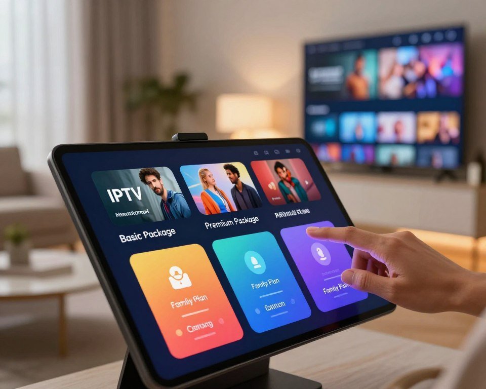 A modern, sleek digital interface showcasing various IPTV subscription options and packages. In the foreground, display a hand interacting with a high-tech touchscreen, highlighting features like "Basic Package," "Premium Package," and "Family Plan" with vibrant icons and data charts. The middle layer features a stylish, well-organized layout of subscription tiers with vibrant colors, user-friendly graphics, and engaging visuals of streaming content. In the background, include a softly blurred living room setting with a large TV displaying a streaming app interface, illuminated by warm ambient lighting. Use a slightly angled perspective to create depth and emphasize innovation and technology, evoking a mood of convenience and modernity. Ensure the scene reflects professionalism and clarity without any distractions or text overlays.