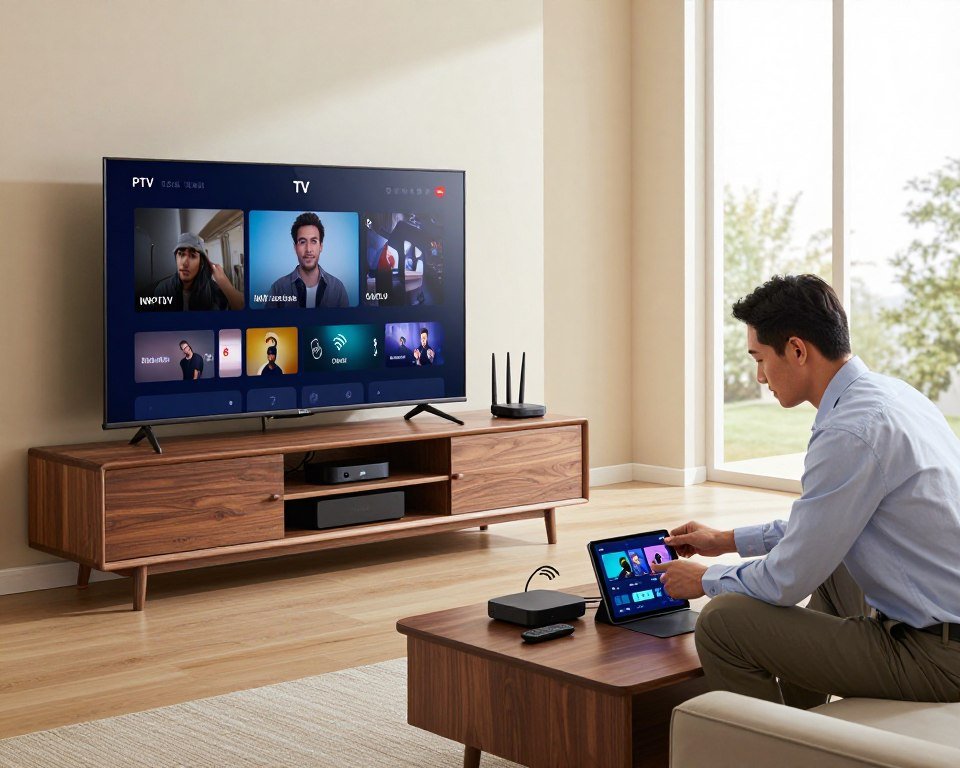 A modern, sleek living room setup featuring various devices for IPTV installation, such as a smart TV, streaming boxes, and tablets. In the foreground, a technician in business attire is carefully connecting cables and adjusting settings on a high-definition LCD screen. In the middle, the room showcases a stylish entertainment unit filled with gadgets, remote controls, and a router emitting Wi-Fi signals. The background features a large window with natural light streaming in, creating a warm and inviting atmosphere. The color scheme is a blend of rich wood tones and soft neutrals, enhancing the professional look. The image captures a sense of professionalism and innovation in IPTV technology use.