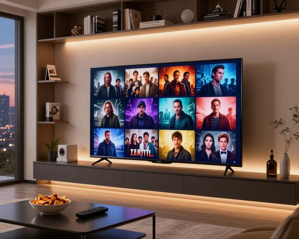 A modern, sleek living room setup showcasing a large, high-definition television displaying a diverse range of film and television series icons, representing various genres such as action, drama, and comedy. In the foreground, a stylish coffee table with snacks and remote controls portrays a cozy viewing experience. In the middle, the TV sits against a minimalist wall with ambient lighting that casts a warm glow, enhancing the inviting atmosphere. The background features bookshelves adorned with movie memorabilia and a hint of a window revealing a cityscape at dusk, adding depth and vibrancy. The overall mood is warm and engaging, encouraging viewers to envision enjoying their favorite content in comfort. The perspective should be slightly angled to capture both the TV screen and the inviting room ambiance.