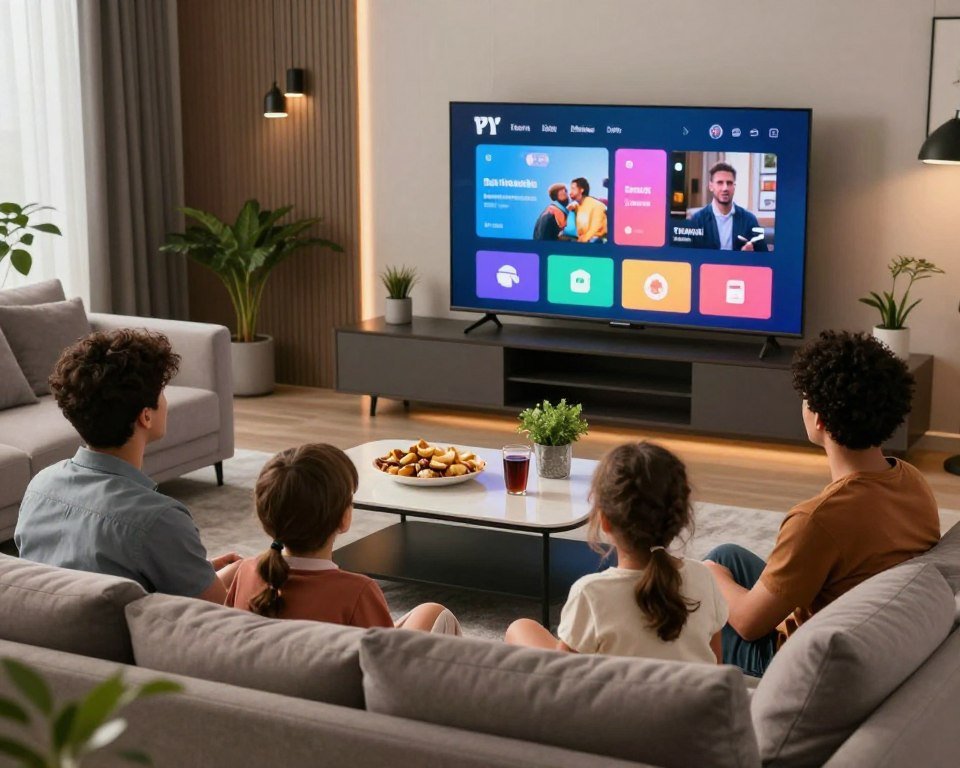 A modern, sleek living room showcasing a family enjoying various IPTV services. In the foreground, a diverse family of four, dressed in smart casual attire, sits together on a comfortable sofa, engaged in watching a large flat-screen television displaying an interactive IPTV interface with vibrant icons. In the middle ground, a stylish coffee table is adorned with snacks and drinks, while decorative plants add a touch of greenery. The background features tasteful decor, emphasizing a cozy and high-tech atmosphere, with soft, warm lighting creating an inviting feel. The image captures a sense of innovation and connectedness in home entertainment, inviting viewers into the world of IPTV advancements.